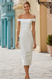 White Bodycon Off the Shoulder Midi Engagement Dress with Bow